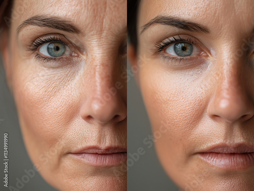 before and after beauty treatments woman in 40s, filler, wrinkles, facelift, cosmetic surgery, close up photo