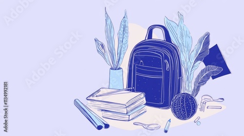 Happy Teachers Day. School backpack and open book on blackboard background with chalkdrawing dooles and lettering. Vector illustration photo