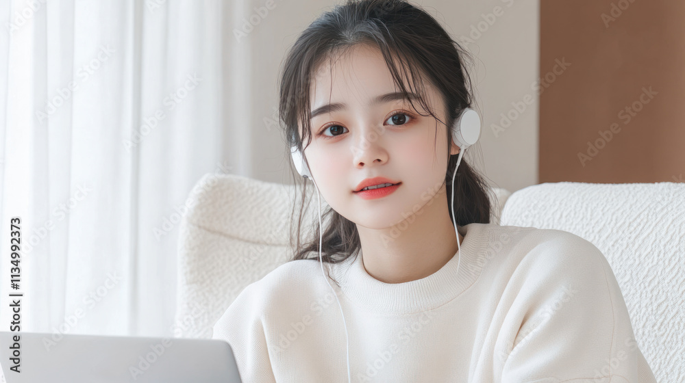 Chinese girl online in living room holding a laptop and earphones Chinese girl online in living room holding a laptop and earphones