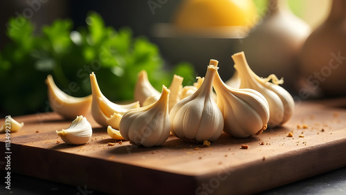 Close-up view of fresh garlic, on a wooden table.