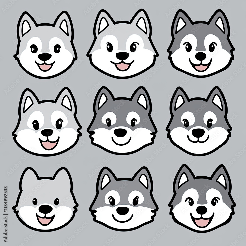 Nine Adorable Husky Faces in Minimal Style