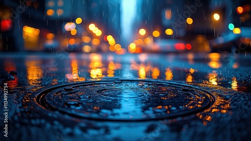 Raindrops create a beautiful canvas as city lights dance on wet asphalt in the evening photo