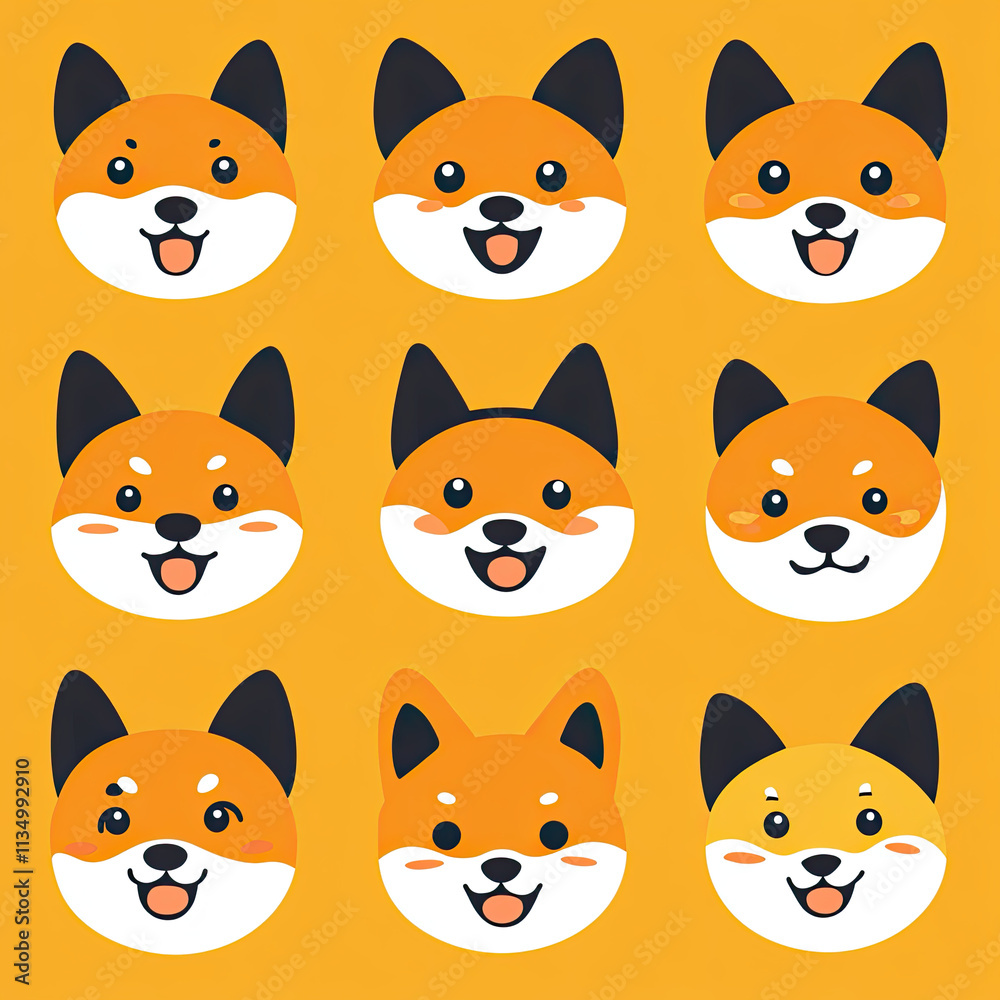 Fototapeta premium Playful Faces of Nine Shiba Dogs in Bright Colors