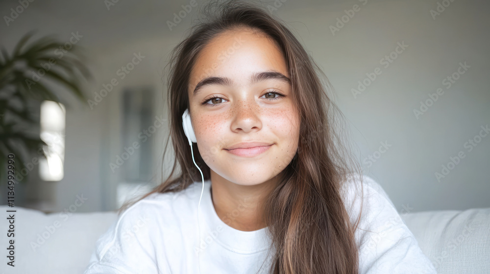 Canadian girl online in living room holding a laptop and earphones Canadian girl online in living room holding a laptop and earphones