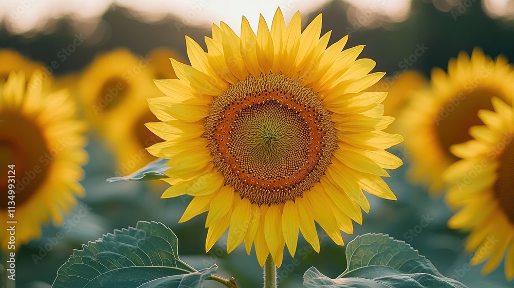 Fototapeta premium Bright yellow sunflowers stretch towards the sky as they bask in the soft sunlight of early evening