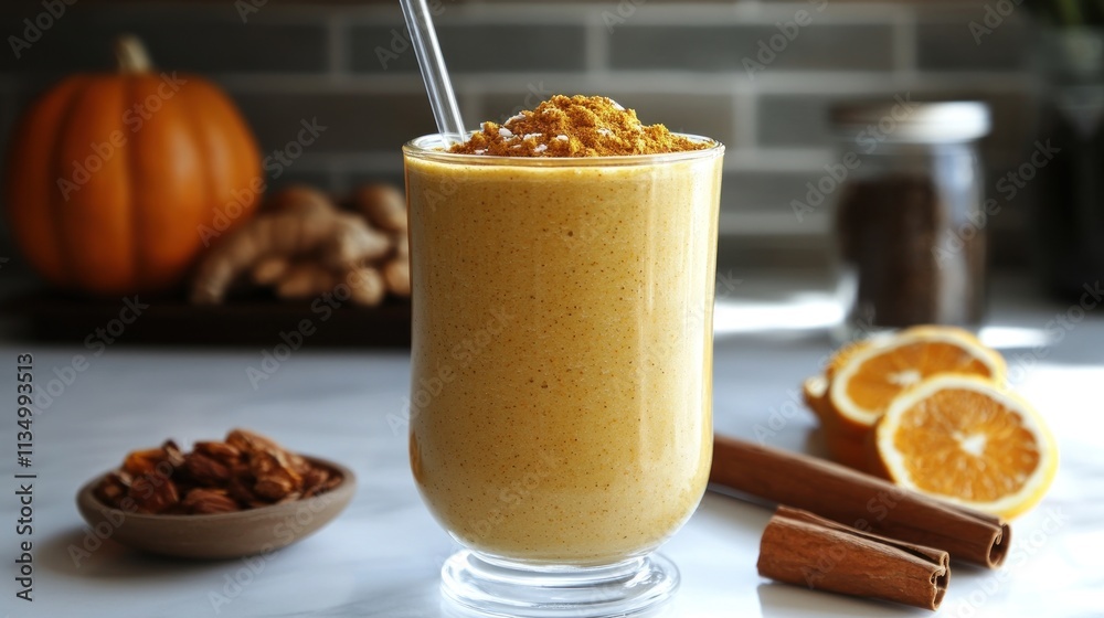 A delicious pumpkin smoothie filled with spices and garnished with crunchy toppings A delicious pumpkin smoothie filled with spices and garnished with crunchy toppings