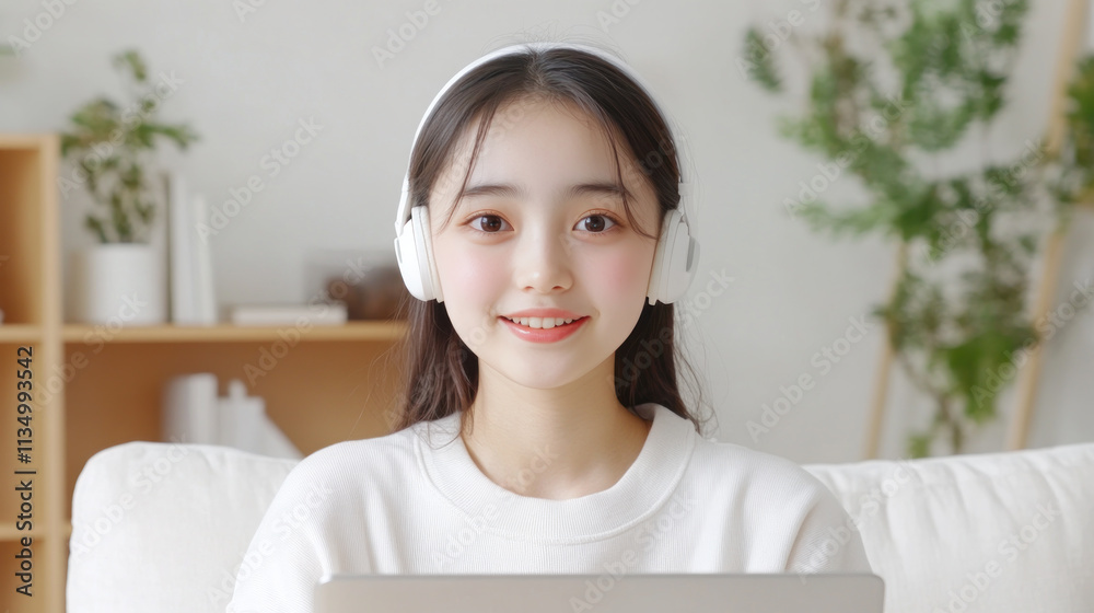 Japanese girl online in living room holding a laptop and earphones Japanese girl online in living room holding a laptop and earphones