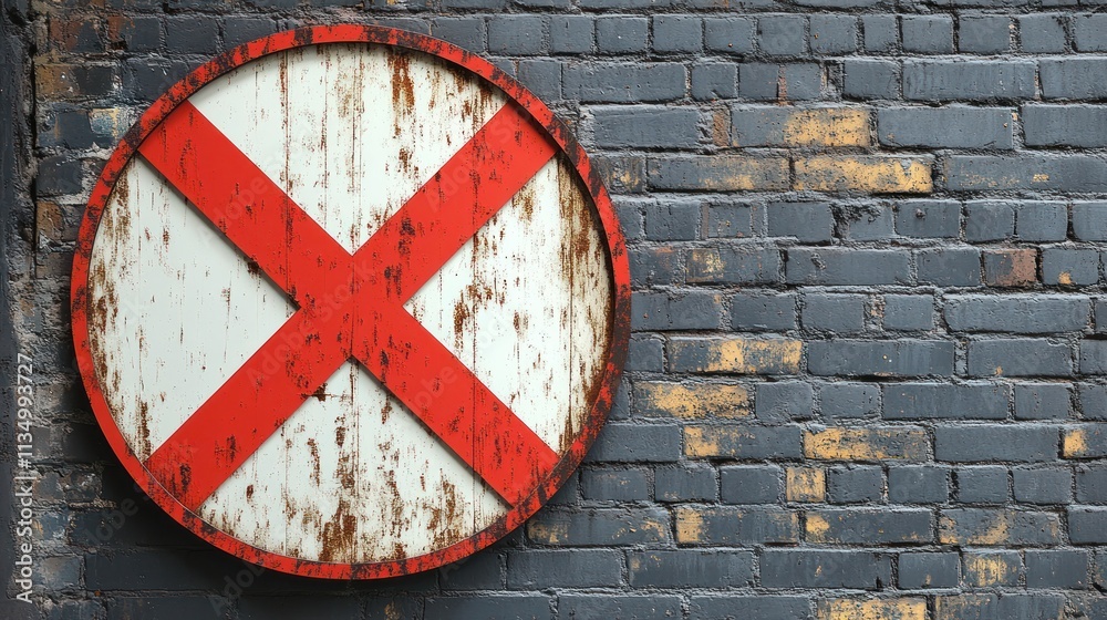 A weathered sign with a bold red cross displays rustic charm on a gray brick backdrop A weathered sign with a bold red cross displays rustic charm on a gray brick backdrop