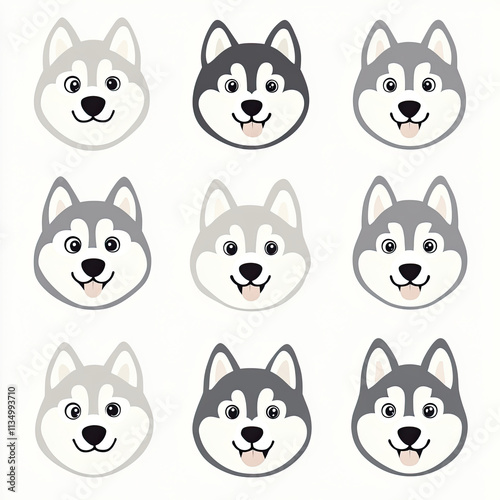 Cute Minimalistic Husky Faces in Nine-Grid Layout