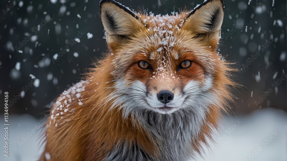 Obraz premium Fox in Winter Wonderland: A close-up of a red fox with sharp piercing eyes amidst falling snow. This captivating image evokes a sense of mystery, resilience, and the beauty of winter's magic.
