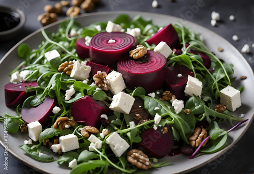 Beetroot salad with arugula, walnuts, and vegan feta cheese, finished with a drizzle of balsamic vinaigrette, ai.