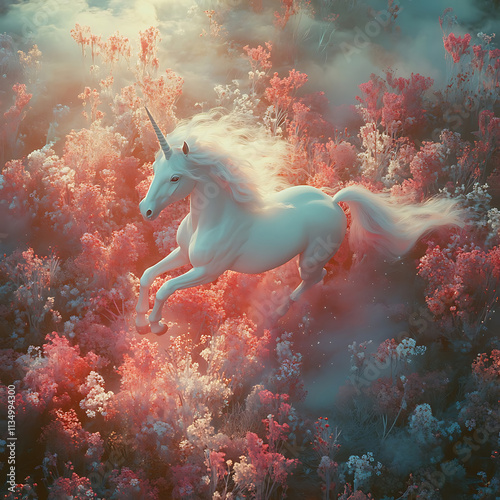 Ethereal White Unicorn Prancing Through Enchanted Garden Blooming with Vibrant Pink and Purple Flora Under a Soft Dreamy Light