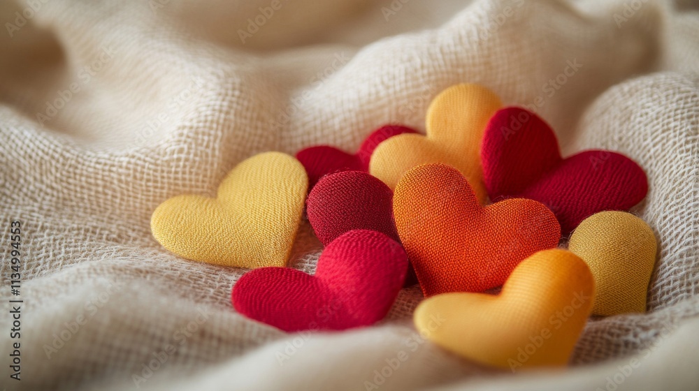 Obraz premium Colorful Fabric Hearts Resting on Soft Beige Textile