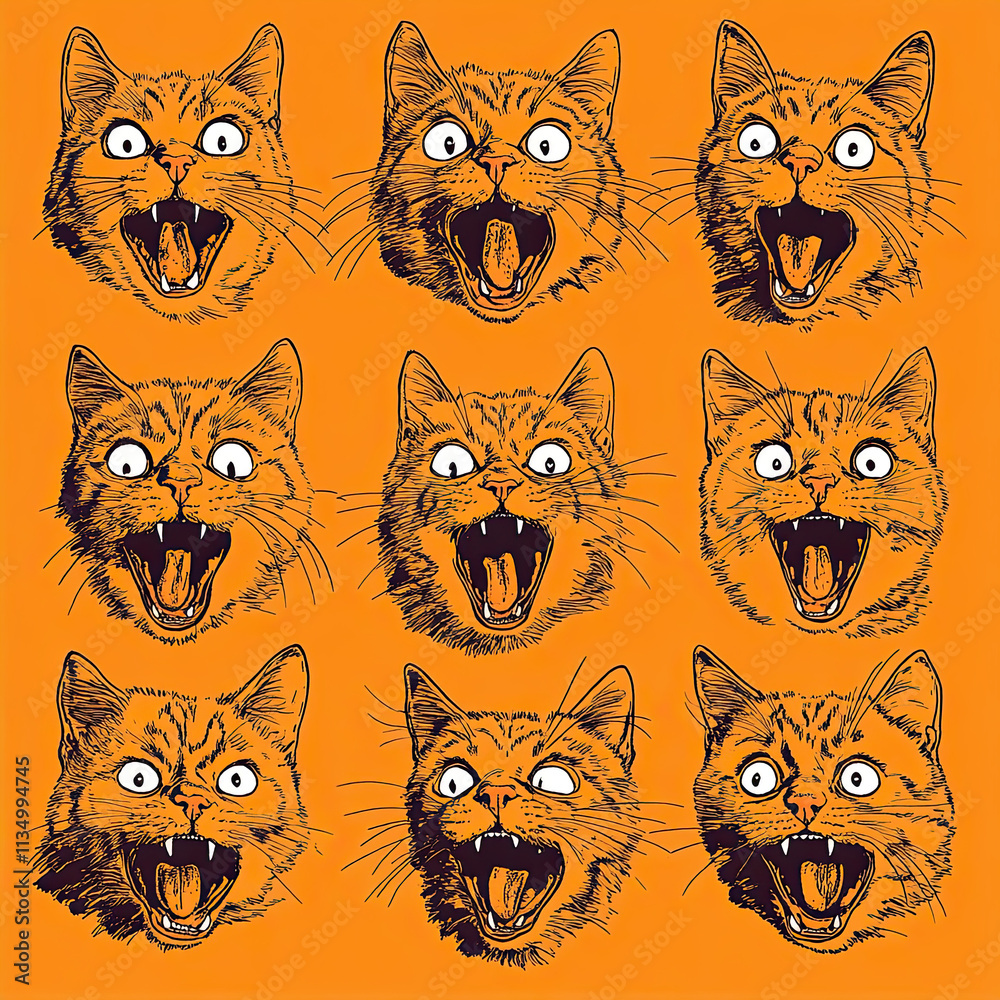 Fototapeta premium Nine Excited Cats on an Orange Background