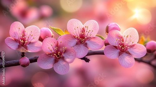 Cherry blossoms adorn branches with soft pink petals, signaling the arrival of spring and beauty
