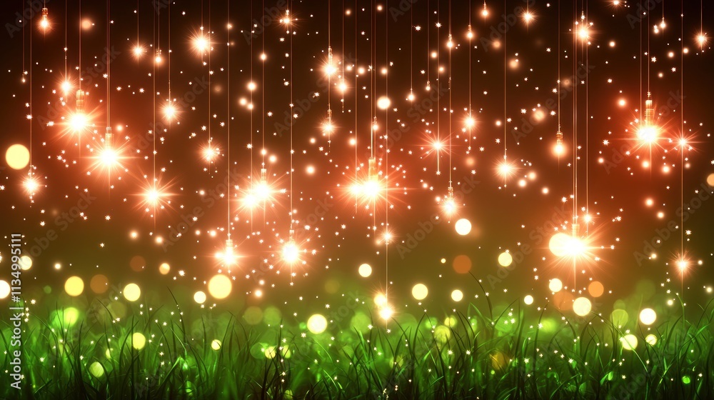 Sparkling lights illuminate the lush grass while creating a dreamlike atmosphere as dusk falls Sparkling lights illuminate the lush grass while creating a dreamlike atmosphere as dusk falls