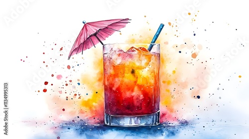 Vibrant Watercolor Cocktail with Umbrella and Ice Cubes, Colorful Splashes of Paint, Refreshing Summer Drink, Artistic Presentation for Visual Appeal