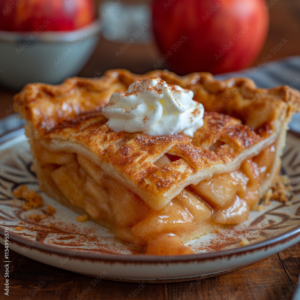 Warm apple pie served with whipped cream on a decorated plate in a cozy kitchen setting. Generative AI Warm apple pie served with whipped cream on a decorated plate in a cozy kitchen setting. Generative AI