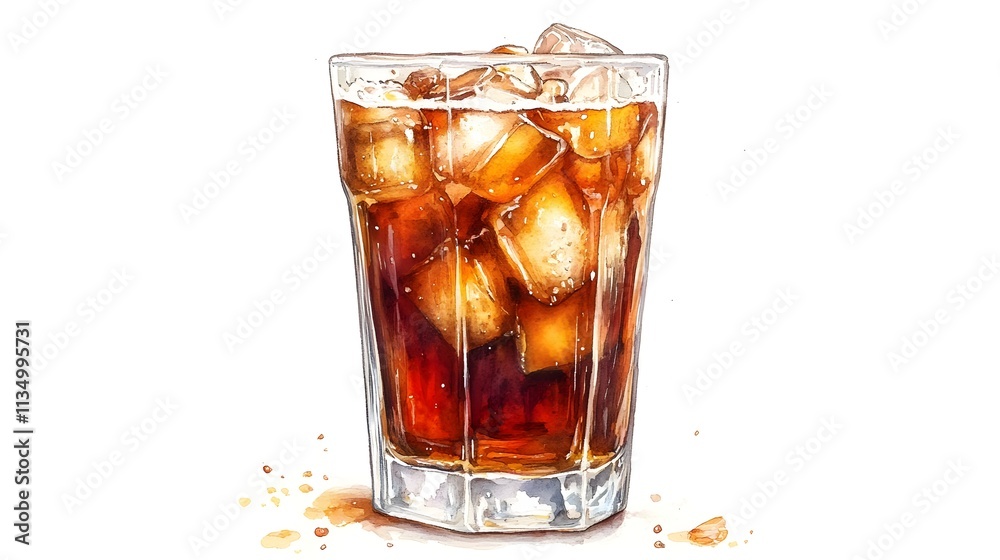 Refreshing Glass of Iced Cola with Ice Cubes Against a Bright White Background for Refreshment and Beverage Themes Refreshing Glass of Iced Cola with Ice Cubes Against a Bright White Background for Refreshment and Beverage Themes