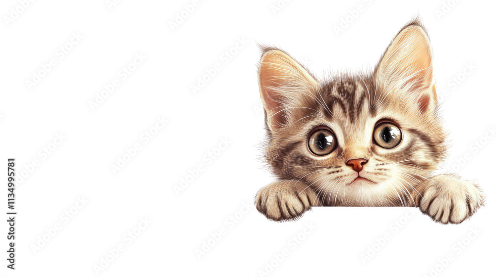 Adorable Kitten Peek: A charming tabby kitten with captivating eyes peeks over a surface, its paws gently resting on the edge. Adorable Kitten Peek: A charming tabby kitten with captivating eyes peeks over a surface, its paws gently resting on the edge.