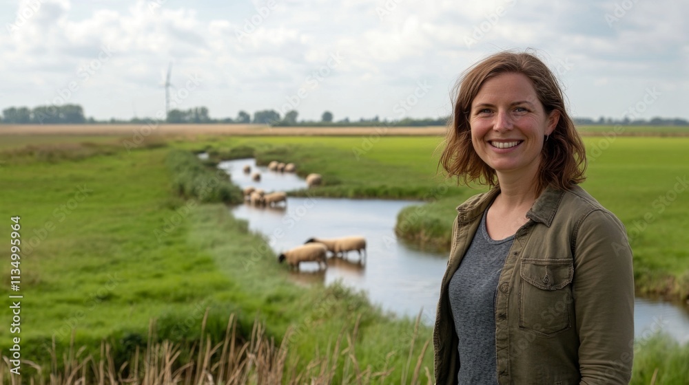 Fototapeta premium Smiling Woman in a Scenic Rural Landscape