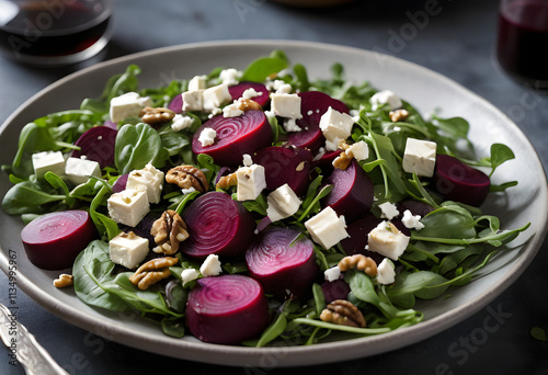 Vibrant beet salad featuring arugula, walnuts, and vegan feta cheese, drizzled with balsamic vinaigrette, ai.