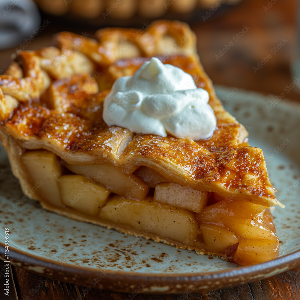 Deliciously baked apple pie topped with whipped cream on a rustic plate. Generative AI Deliciously baked apple pie topped with whipped cream on a rustic plate. Generative AI