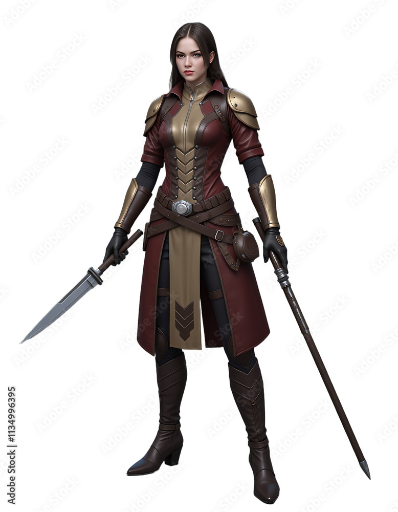 The image shows a female warrior in detailed armor, holding a sword and a spear. Transparent background The image shows a female warrior in detailed armor, holding a sword and a spear. Transparent background