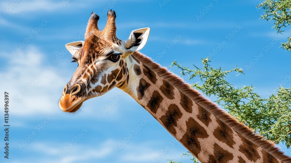 A majestic giraffe gazes against a bright blue sky, showcasing its distinctive patterns and long neck amidst lush greenery. A majestic giraffe gazes against a bright blue sky, showcasing its distinctive patterns and long neck amidst lush greenery.