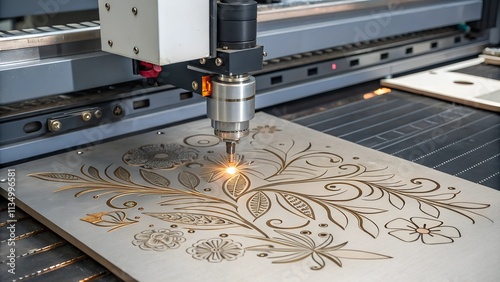  Industrial laser engraver producing intricate botanical patterns on a metallic sheet. Sparks fly as high-tech machinery combines creativity and functionality in custom engraving projects.