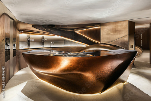 ultra futuristic kitchen with copper tones and organic furniture shapes photo