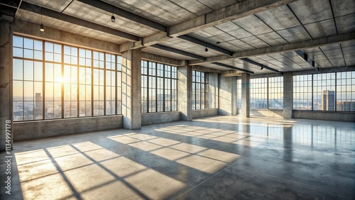 A large empty room with expansive windows offering panoramic views of the cityscape, bathed in the warm glow of the setting sun, casting long shadows across the polished concrete floor