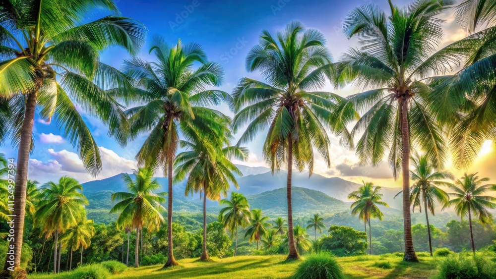 A majestic view of palm trees silhouetted against a vibrant sunset, creating a serene tropical paradise with rolling hills in the background. A majestic view of palm trees silhouetted against a vibrant sunset, creating a serene tropical paradise with rolling hills in the background.