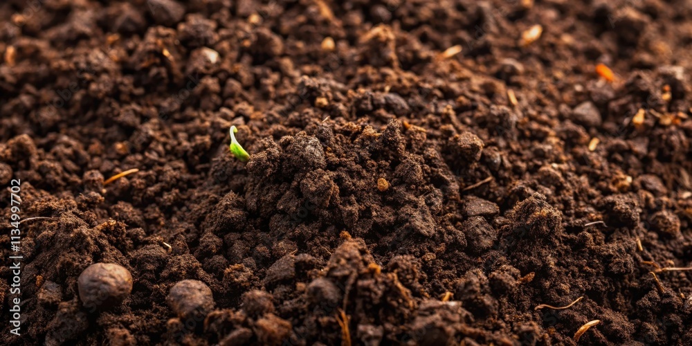 A single green sprout emerges from the rich, dark soil, symbolizing the promise of new life and growth. A single green sprout emerges from the rich, dark soil, symbolizing the promise of new life and growth.