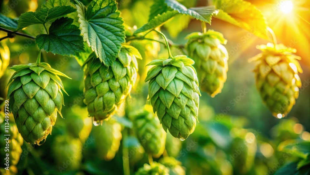 Close-up of Fresh Green Hops Growing on a Vine with Sunlight Streaming Through the Leaves Close-up of Fresh Green Hops Growing on a Vine with Sunlight Streaming Through the Leaves