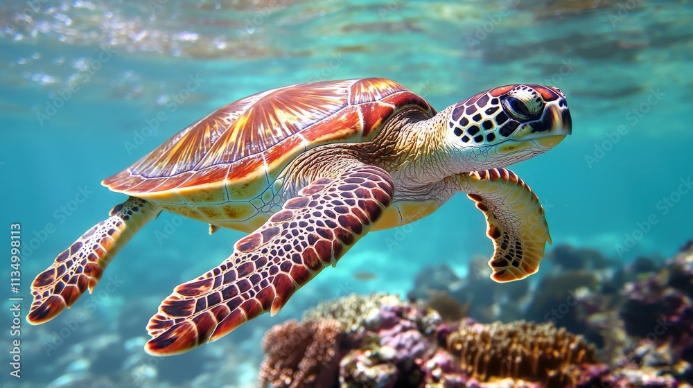 Fototapeta premium A vibrant sea turtle gracefully swims through clear turquoise waters, surrounded by colorful coral reefs.