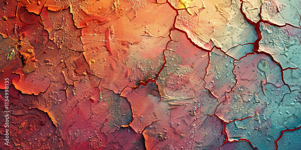 Fototapeta premium Cracked Paint Surface with Red, Orange, and Blue-Gray Pigments