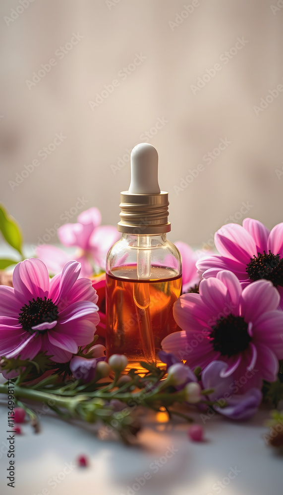 Droper bottle of homeopathic remedy or beauty product surrounded by flowers. Medicinal herbs concept, alternative medicine, organic beauty product, Backlit, with white tones Droper bottle of homeopathic remedy or beauty product surrounded by flowers. Medicinal herbs concept, alternative medicine, organic beauty product, Backlit, with white tones