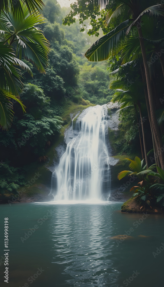 Tranquil waterfall in a lush forest, capturing the serene beauty and freshness of a tropical paradise in nature, vintage, with white tones Tranquil waterfall in a lush forest, capturing the serene beauty and freshness of a tropical paradise in nature, vintage, with white tones