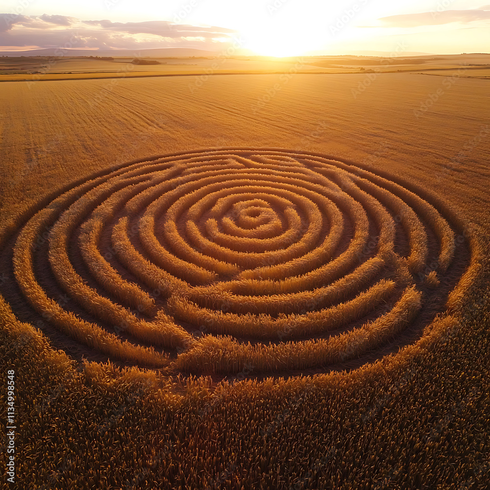 Aerial View of Intricate Labyrinth Pattern in Golden Wheat Field During Sunset with Warm Light and Scenic Landscape Background Aerial View of Intricate Labyrinth Pattern in Golden Wheat Field During Sunset with Warm Light and Scenic Landscape Background