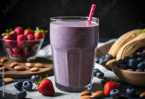 Vibrant blueberry smoothie with almonds and fresh berries, served in a tall glass on a wooden board, ai.