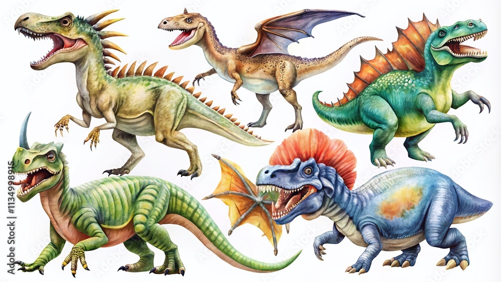 Fototapeta premium Hand-Painted Watercolor Dinosaurs: Realistic Isolated Dino Illustrations for Creative Projects and Educational Use on a Clean White Background