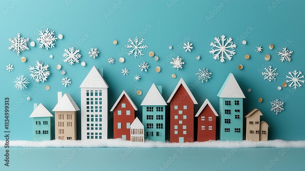 Naklejka premium Modernstyle origami buildings wrapped in Christmas garlands and lights, under a delicate papercut sky filled with snowflakes, origami Papercut, festive skyline