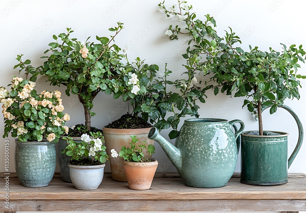 Potted Plants and Watering Can on Wooden Shelf Potted Plants and Watering Can on Wooden Shelf