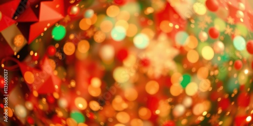A Festive Abstract Blur of Holiday Lights, Red and Gold Ornaments, and Festive Decorations