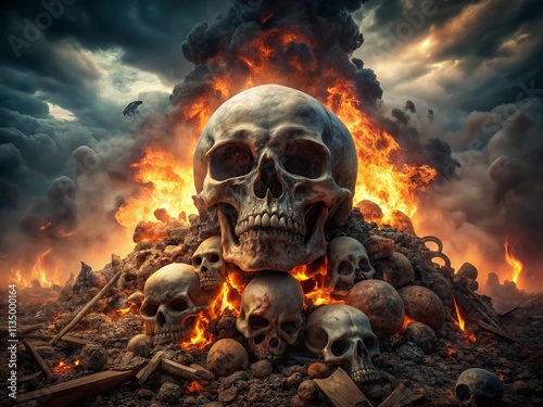Haunting Image of a Giant Skull Amidst a Pile of Burning Bones in a Dark Apocalyptic Inferno Capturing the End of Humanity in Striking Fashion Photography Style