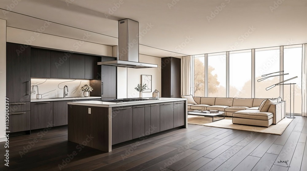 Line sketch of kitchen and living room. Dark wood Line sketch of kitchen and living room. Dark wood