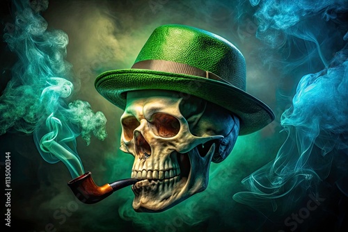 Green Hat Skull Smoking Pipe - Long Exposure Photography, Surreal Skull Art, Dark Fantasy Illustration photo