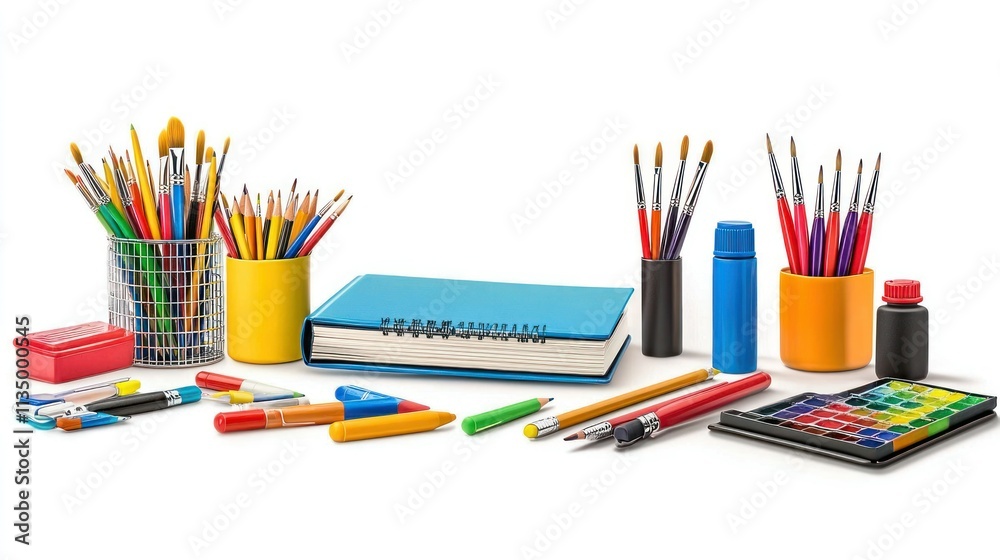 Fototapeta premium Art School Supplies: Vertical Top View Composition with Watercolors and Vivid Stationery on White Background for Text or Ads