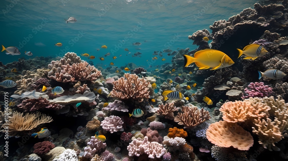 Naklejka premium Vibrant Reef Life: A mesmerizing underwater scene where colorful coral formations teem with life.